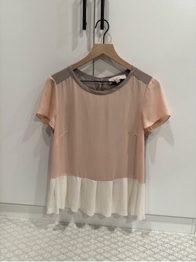 LOFT Peach and CreamShort
Sleeve Blouse with Taupe Trim
